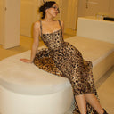 Leopard Print Fitted Midi Dress with Slim Straps