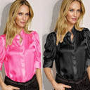 Chic Satin Blouse with Puff Sleeves and Contemporary Collar