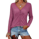 Chic Long Sleeve V-Neck Blouse with Button Accents