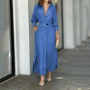 Women's Linen Maxi Dress with Button Placket and Side Slits