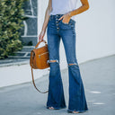 Chic Women's Flared Jeans with Trendy Distressed Design and Button Accents