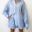 Women's Short Sleeve Striped Blouse Set with Waistband