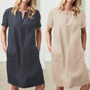 Chic Linen Dress with Button Placket and Pockets