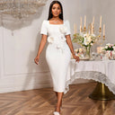 Elegant Wedding Dress with Square Neckline & Floral Accents