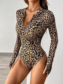 Chic Leopard Print Long-Sleeved Bodysuit for Women