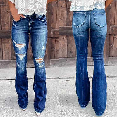 Trendy High-Waist Flared Jeans with Distressed Design