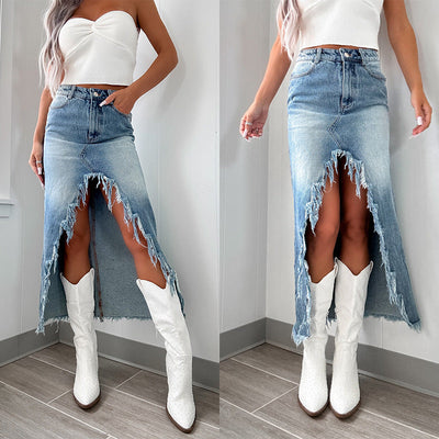 Frayed Hem Denim Midi Skirt with Side Slit for Women