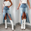 Frayed Hem Denim Midi Skirt with Side Slit for Women