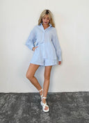 Women's Short Sleeve Striped Blouse Set with Waistband