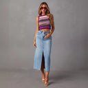 Chic Women's Denim Skirt with Side Slit and Frayed Hem