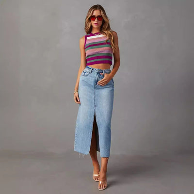 Chic Women's Denim Skirt with Side Slit and Frayed Hem