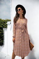 Chic Women's Dress with Button Accents & Tie Belt