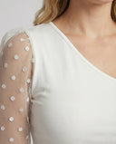 Chic Asymmetrical Bodysuit with Sheer Puff Sleeves