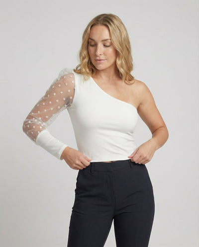 Chic Asymmetrical Bodysuit with Sheer Puff Sleeves