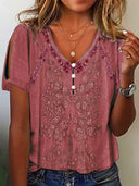 Floral Embroidered Women's Short Sleeve Blouse with Button Accents