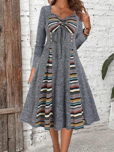 Unique Patterned Women's Dress with Button-Embellished Waist