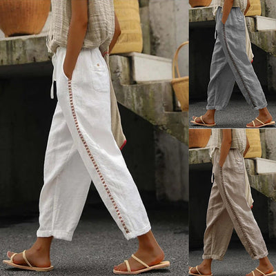 Chic Women's Linen Pants with Lace Accents
