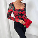 Floral Print Women's Long Sleeve Blouse with Sheer Sleeves