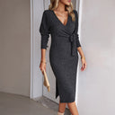 Chic Women's Wrap Dress with Stylish Waistline and Trumpet Sleeves