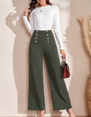 Chic Women's High-Waisted Wide-Leg Pants with Buttons
