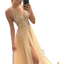 Chic Evening Dress with High-Slit and Glittering Appliqué