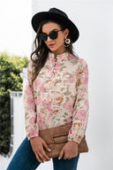 Floral Print Women's Long Sleeve Blouse with Stand-Up Collar