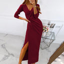 Chic Women's Wrap Dress with V-Neck and High Slit