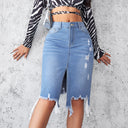 High-Slit Denim Skirt with Fringe Hem