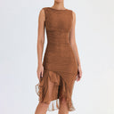 Chic Cocktail Dress with Ruffle Accents and Asymmetrical Hem