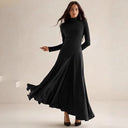 Chic Long Sleeve Maxi Dress with High Collar and Flowing Skirt