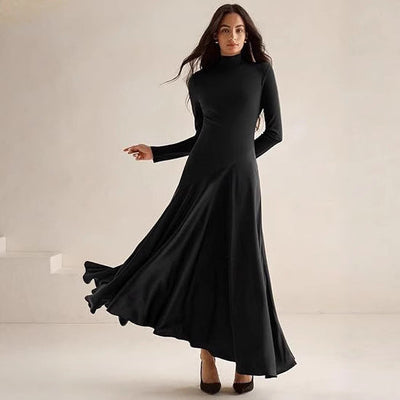 Chic Long Sleeve Maxi Dress with High Collar and Flowing Skirt