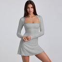 Chic Women's Long-Sleeve Mini Dress with Ribbed Texture and Stylish Neckline