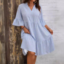 Women's V-Neck Striped Dress with Ruffle Sleeves