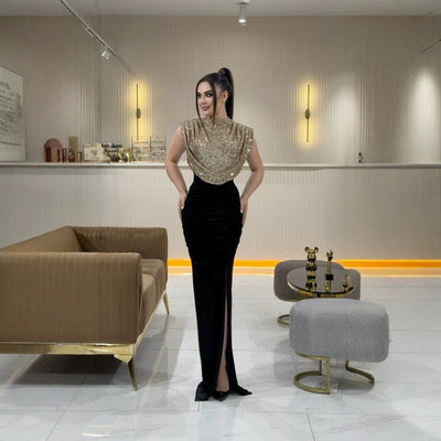 Glamorous Evening Dress with Shimmering Top and Flattering Skirt