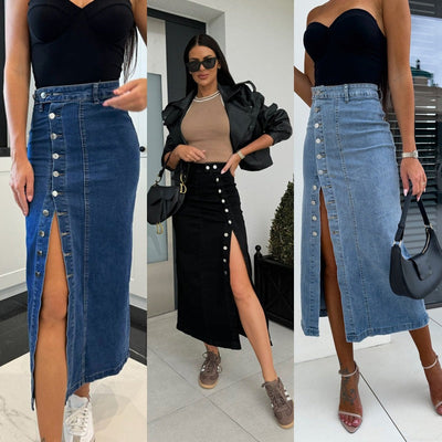 Stylish Women's Denim Midi Skirt with Side Slit