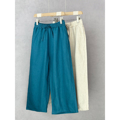 Women's Relaxed Linen Trousers with Elastic Waist & Pockets