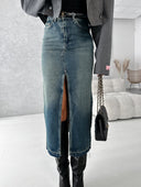 High Slit Women's Denim Skirt in Trendy Distressed Style