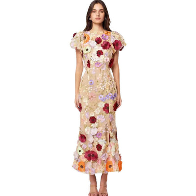 Floral Dress with 3D Flower Embellishments