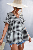 Chic Ruffled Hem Check Blouse for Women