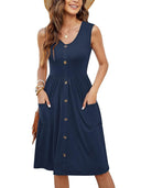 Chic Knee-Length Summer Dress with Button Accents and Handy Pockets