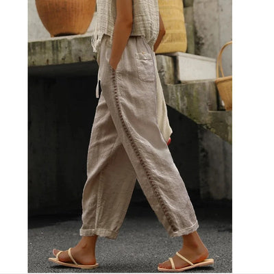 Chic Linen Trousers with Side Button Accents