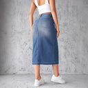 Trendy Women's Denim Midi Skirt with High Slit & Frayed Hem