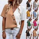 Chic Asymmetrical Short Sleeve Blouse with Button Accents