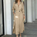 Women's Linen Maxi Dress with Button Placket and Side Slits