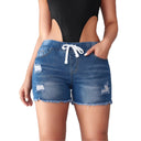 Trendy Women's Denim Shorts with Elastic Waist and Stylish Distressed Accents