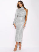 Glamorous Asymmetrical Evening Dress with Sequin Detail