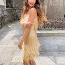 Glitter Evening Dress with Feathers & Shimmering Accents