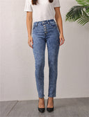 Chic Women's High-Waisted Jeans with Decorative Button Closure