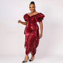 Chic Midi Dress with Dramatic Puff Sleeves and Flowing Draping