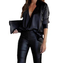 Chic Silk Blouse with Deep V-Neck & Drop-Shoulder Design